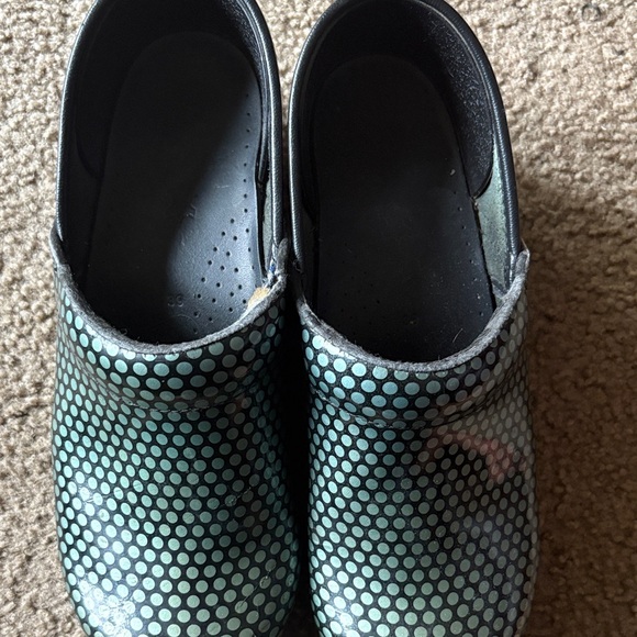 Dansko Black and Teal Polka Dot Clogs - Picture 1 of 2
